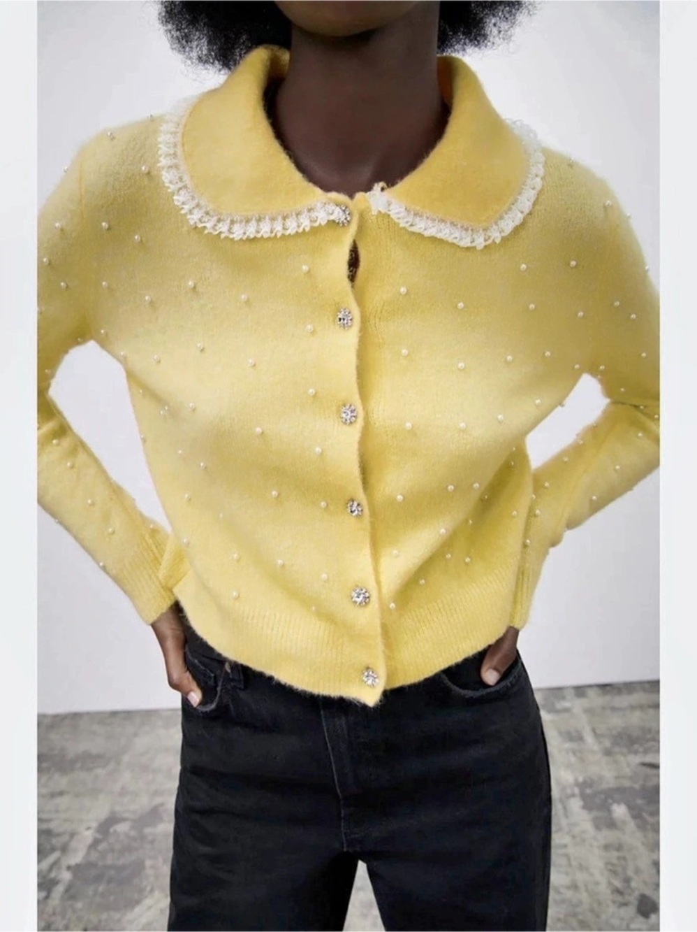 Zara Knit Cardigan with Faux Pearl Appliques Yellow SZ SM